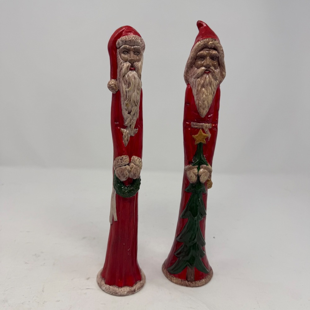 Vintage Style Tall Skinny Santa Claus Figurines Set of 2 Red Folk Art Christmas